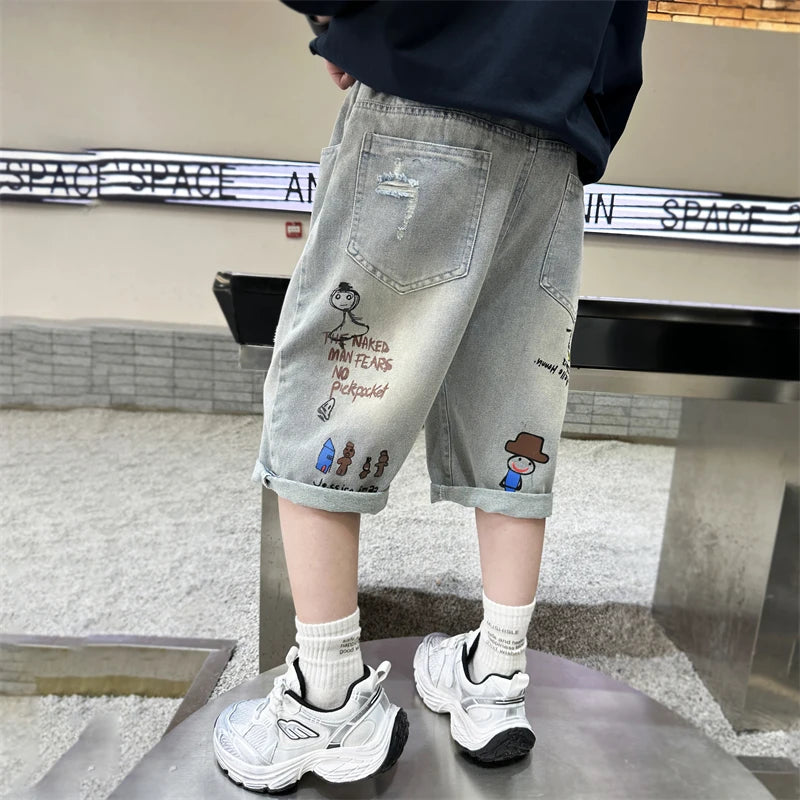 Boy Ripped Jeans 2025 New Product Mid-Pants Summer Fashion Casual Boys Denim Mid-Pants  Printed Cropped Pants 5-15 years old
