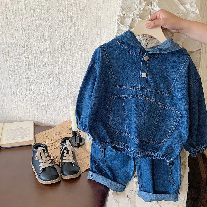 Children's clothing Spring and Autumn, boys' denim hooded sweatshirt, women's Baoyang solid color long sleeved top and pants set