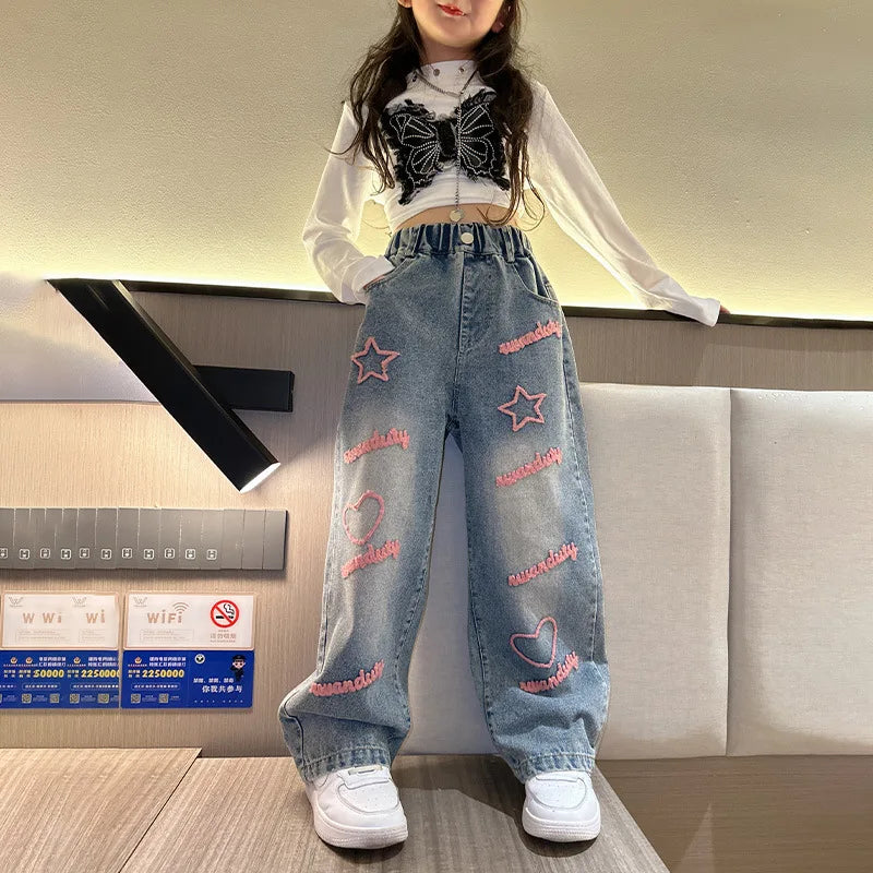 New 2024 Spring Teenagen Girls Jeans Stars Love Towel Embroidered wide Leg Long pants Baggy Denim Trousers for 4-13yrs Kids Girl