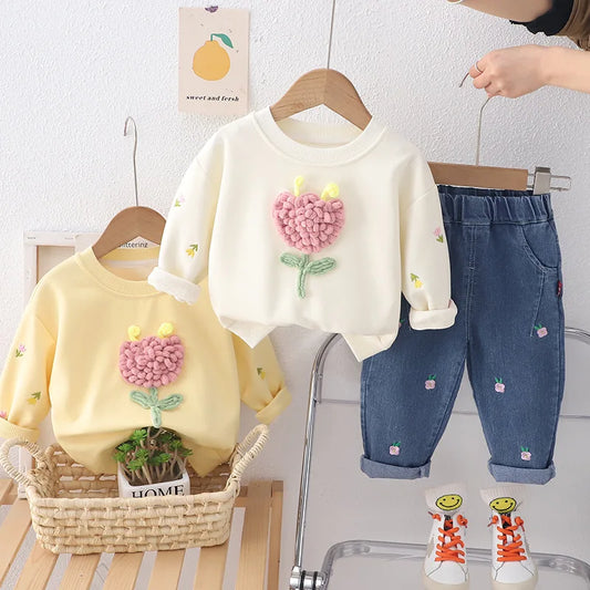 Child wear suit Spring  Autumn Korean version girls Sweet and lovely casual sweatshirt top +denim trousers 0-5 Age Kids clothing