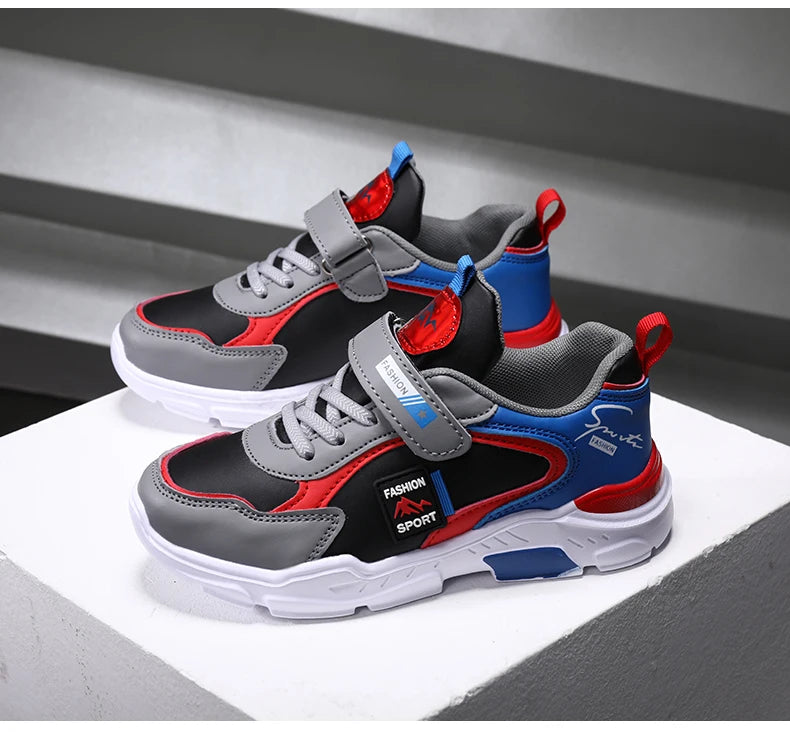 Kids Fashion Sport Casual Sneakers for Boys Leather Upper Children's Outdoor Lightweight Shock-Absorbing Running Shoes