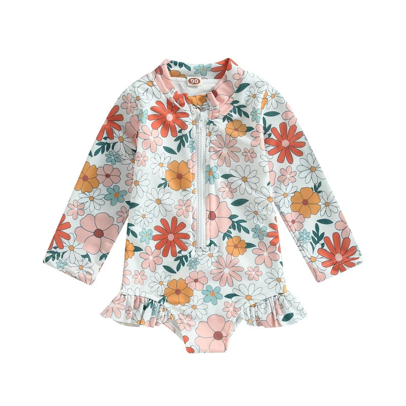 Kids Baby Girl Swimsuits Summer Floral Long Sleeve Zipper Ruffles Jumpsuit Swimwear Beachwear Bathing Suits