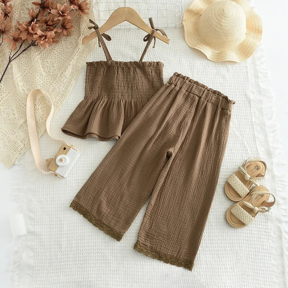 Korean Children Kids Clothing Set Girls Summer Organic Cotton  Camisole Top Lace Wide Leg Pants Trousers Outfits