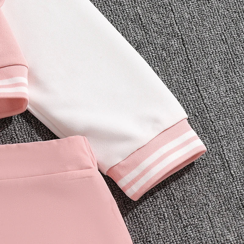 Girls Sets Letters Applique Baseball Outwear & Pleated Skirt Spring Outfit Tween Girls Casual Sporty Sets Trendy Kids Suits