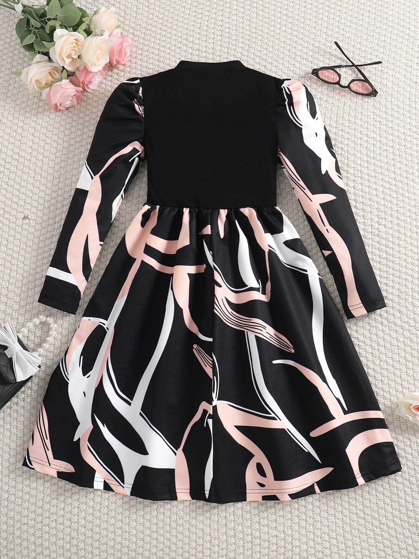 Girls' dress autumn contrasting striped pattern dress fashionable sweet girl elegant style children's princess dress