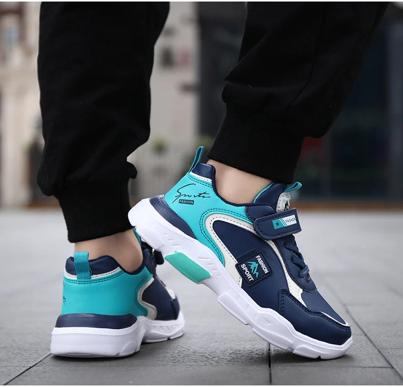 Kids Fashion Sport Casual Sneakers for Boys Leather Upper Children's Outdoor Lightweight Shock-Absorbing Running Shoes
