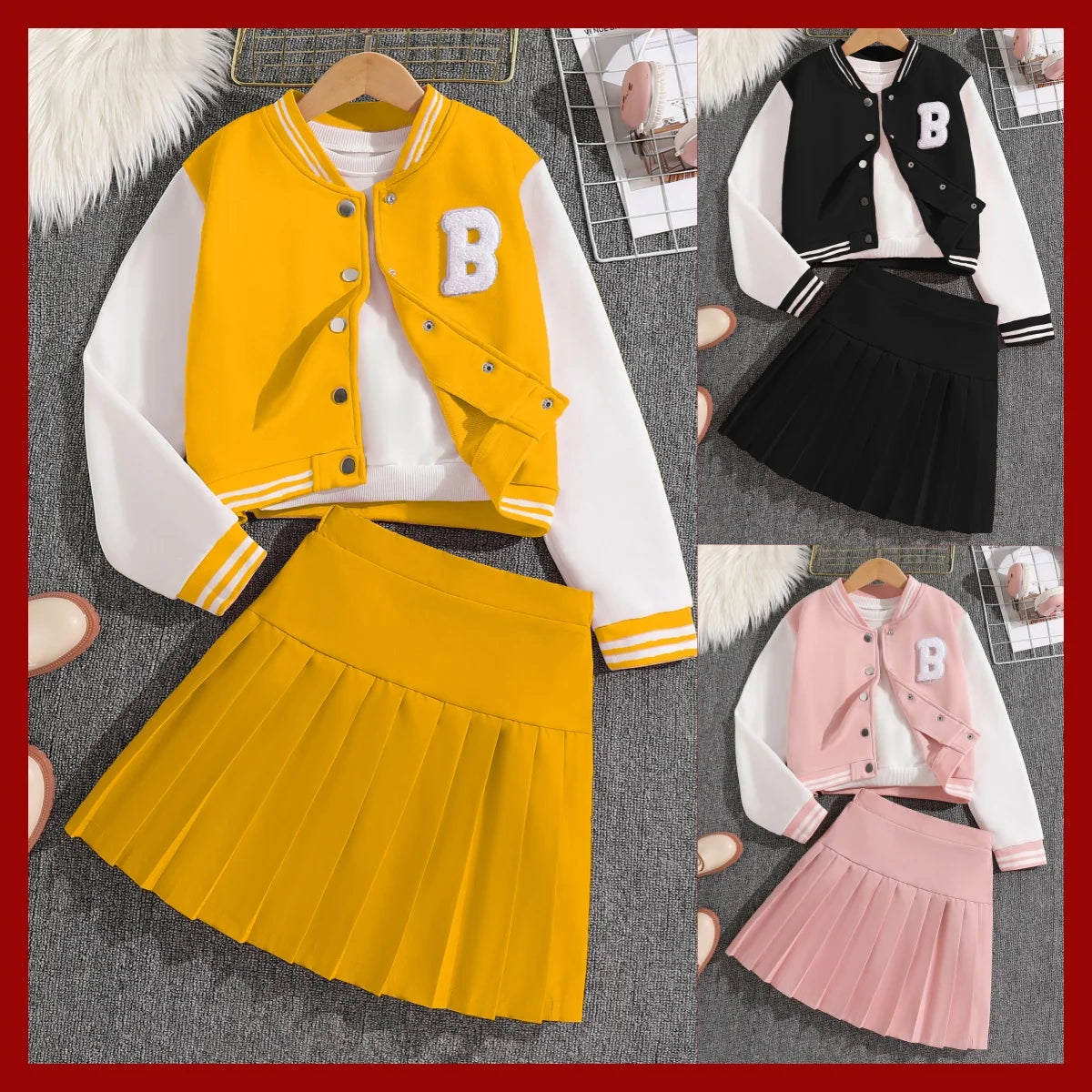 Girls Sets Letters Applique Baseball Outwear & Pleated Skirt Spring Outfit Tween Girls Casual Sporty Sets Trendy Kids Suits