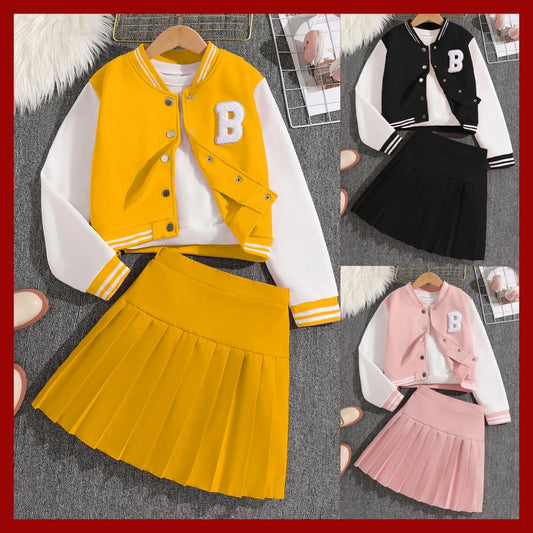 Girls Sets Letters Applique Baseball Outwear & Pleated Skirt Spring Outfit Tween Girls Casual Sporty Sets Trendy Kids Suits