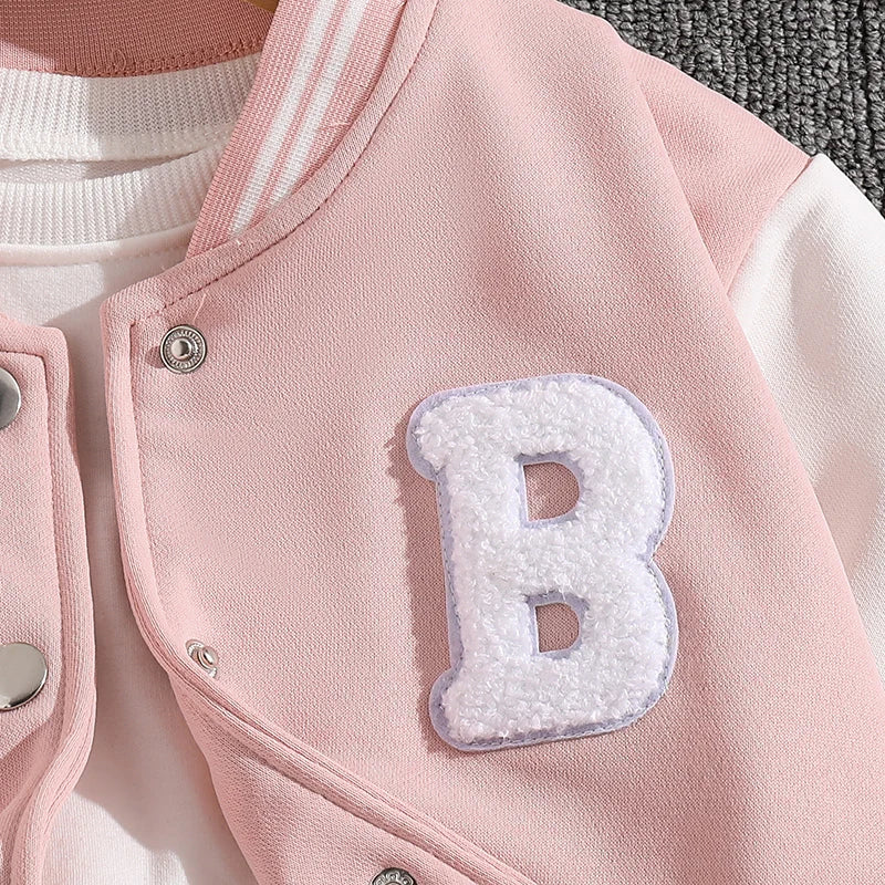 Girls Sets Letters Applique Baseball Outwear & Pleated Skirt Spring Outfit Tween Girls Casual Sporty Sets Trendy Kids Suits