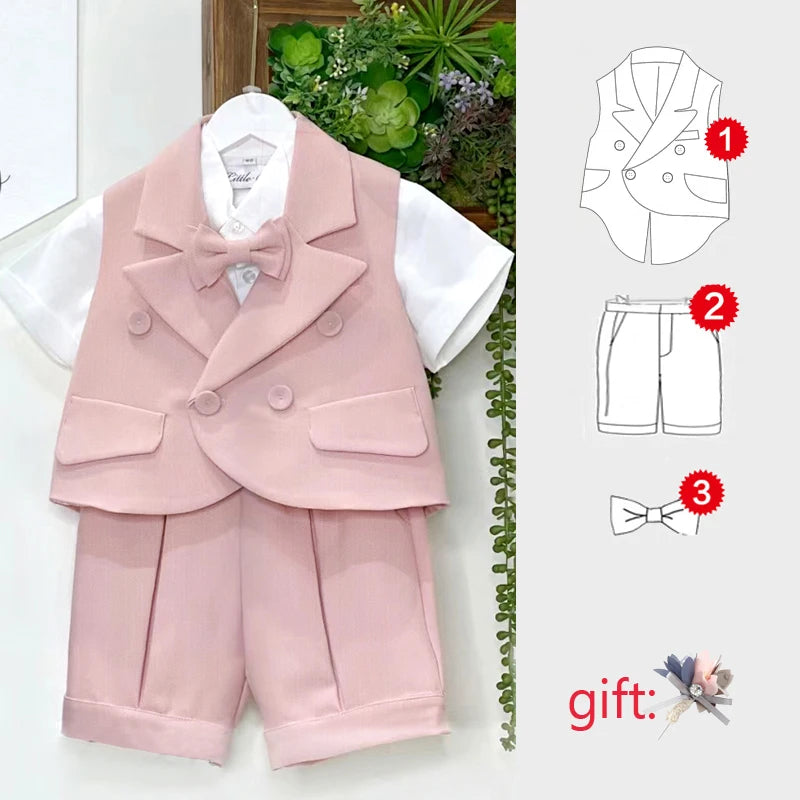 Kids Clothes Pink Boys Suit 3 Piece Vest Short Tiebow +Hat Clothing Set Tuxedo Kids Fashion Custom 1-4 Years Birthday Dress