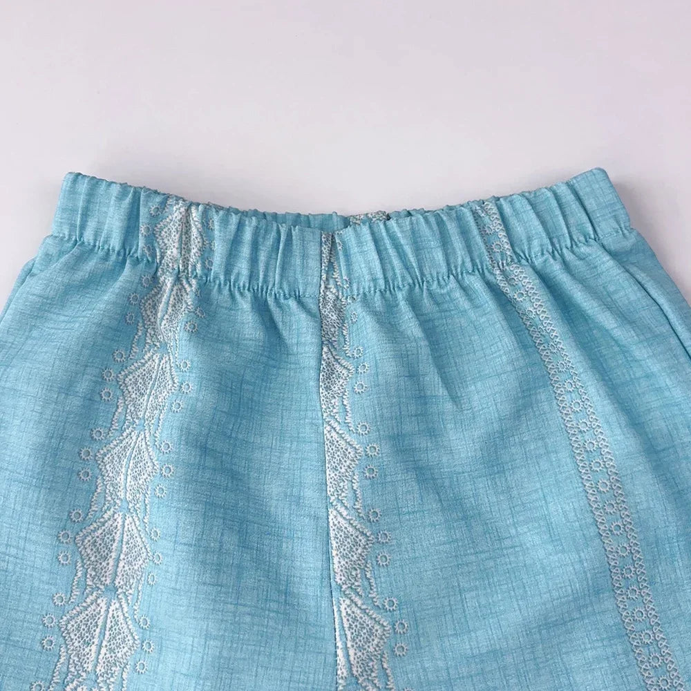 Kids Clothes Blue Printed Camisole Top+wide Leg Pants Set Summer Sleeveless Vest Single Breasted Top Girls' Clothing