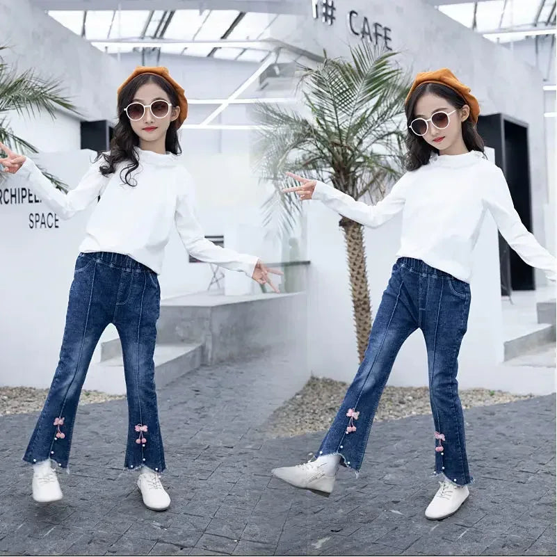 Kids Girls Jeans Pants for 2024 New Spring Autumn Long Flared Jeans Children's Pants 4-10Yrs Girls Cowboy Pants Trousers