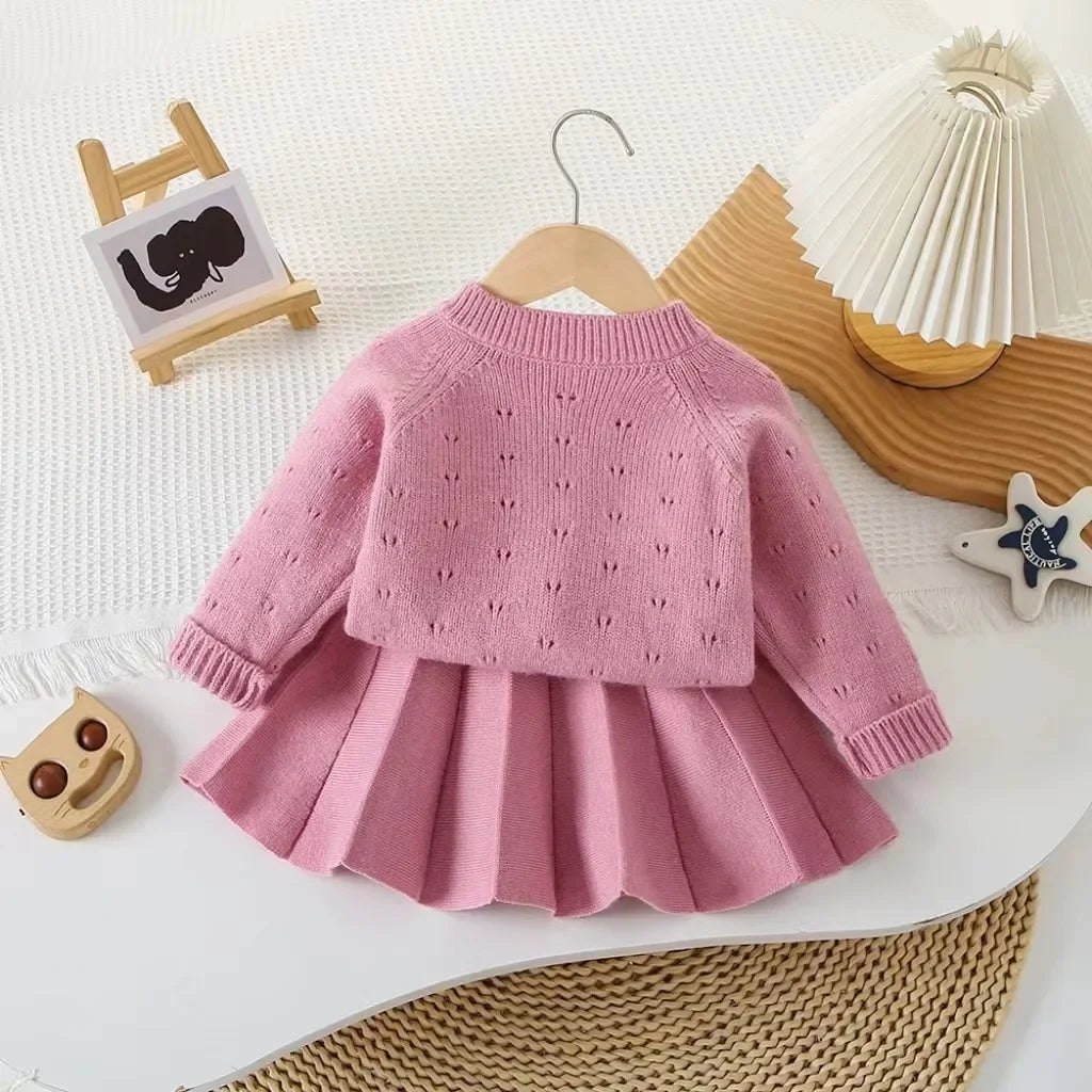 Children's Clothing Sets Cutout Floral Cardigan Sweater + Pleated Skirt Knitted Sweater Girls Winter Clothes Pullovers for Kids