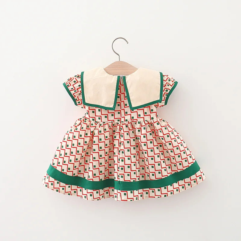 Summer Children's Clothes Simple Plaid Baby Girls Dresses Short Sleeve Kids Fashion Navy Collar 0 To 3 Years Old Toddler Costume
