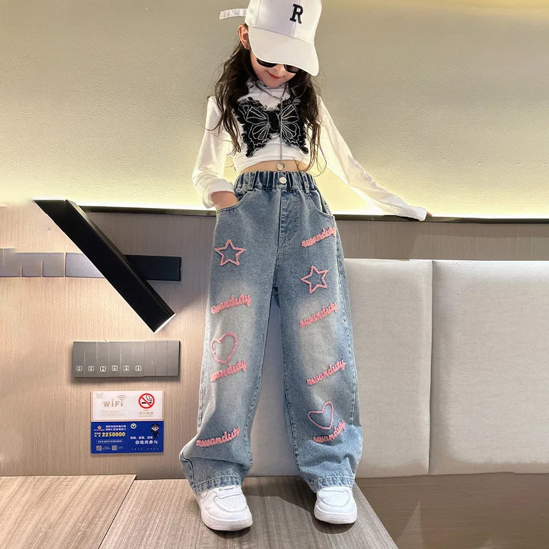 New 2024 Spring Teenagen Girls Jeans Stars Love Towel Embroidered wide Leg Long pants Baggy Denim Trousers for 4-13yrs Kids Girl
