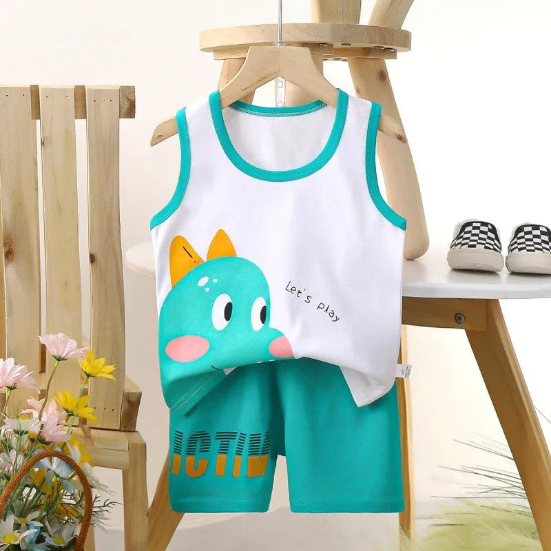 Kids Boys Girls Vest+Shorts 2-Piece Clothing Set Summer Tracksuit Baby Soft Cotton Cartoon Pajamas Home Wear Casual Clothes Suit