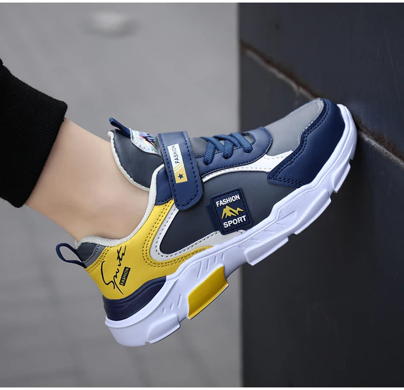 Kids Fashion Sport Casual Sneakers for Boys Leather Upper Children's Outdoor Lightweight Shock-Absorbing Running Shoes