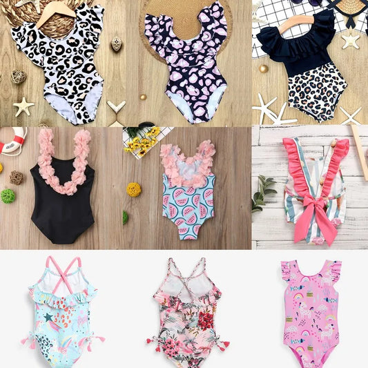 Swimsuit for Kids Girls 2024 Summer New Girls Swimsuit Beach Hot Spring Vacation Style Floral Striped Sling One-Piece Swimsuit