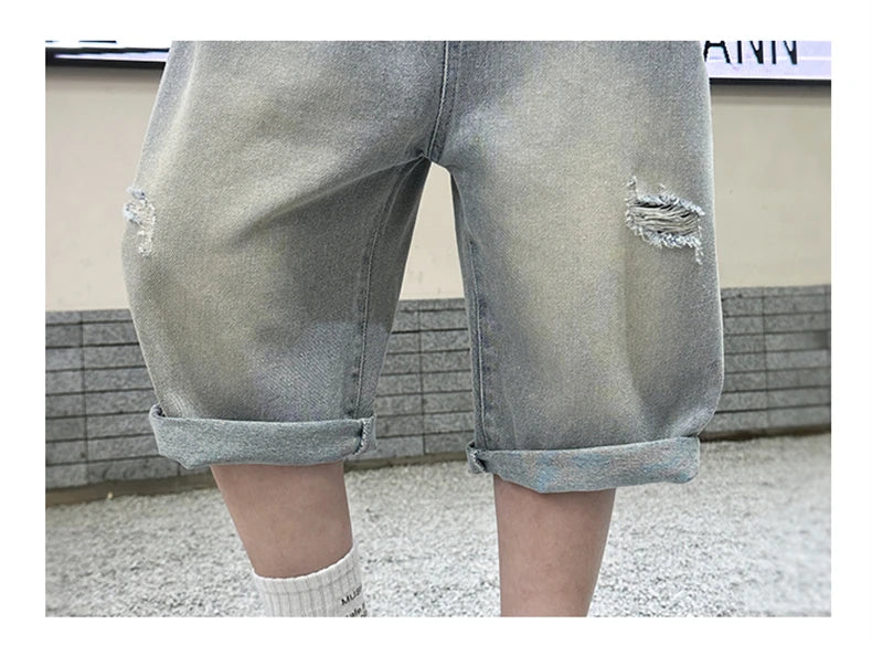 Boy Ripped Jeans 2025 New Product Mid-Pants Summer Fashion Casual Boys Denim Mid-Pants  Printed Cropped Pants 5-15 years old
