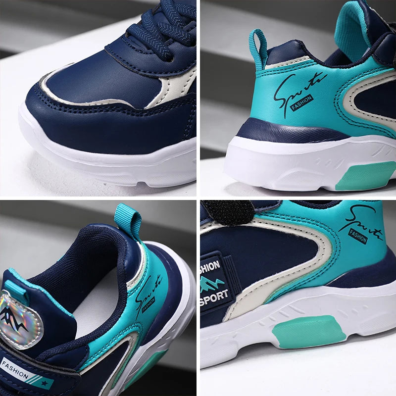 Kids Fashion Sport Casual Sneakers for Boys Leather Upper Children's Outdoor Lightweight Shock-Absorbing Running Shoes