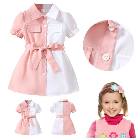 Girls Long Dress Infant Baby Summer Girls Dress Fashion Color Matching Pink And White Lapel Short платье для девочки нарядное