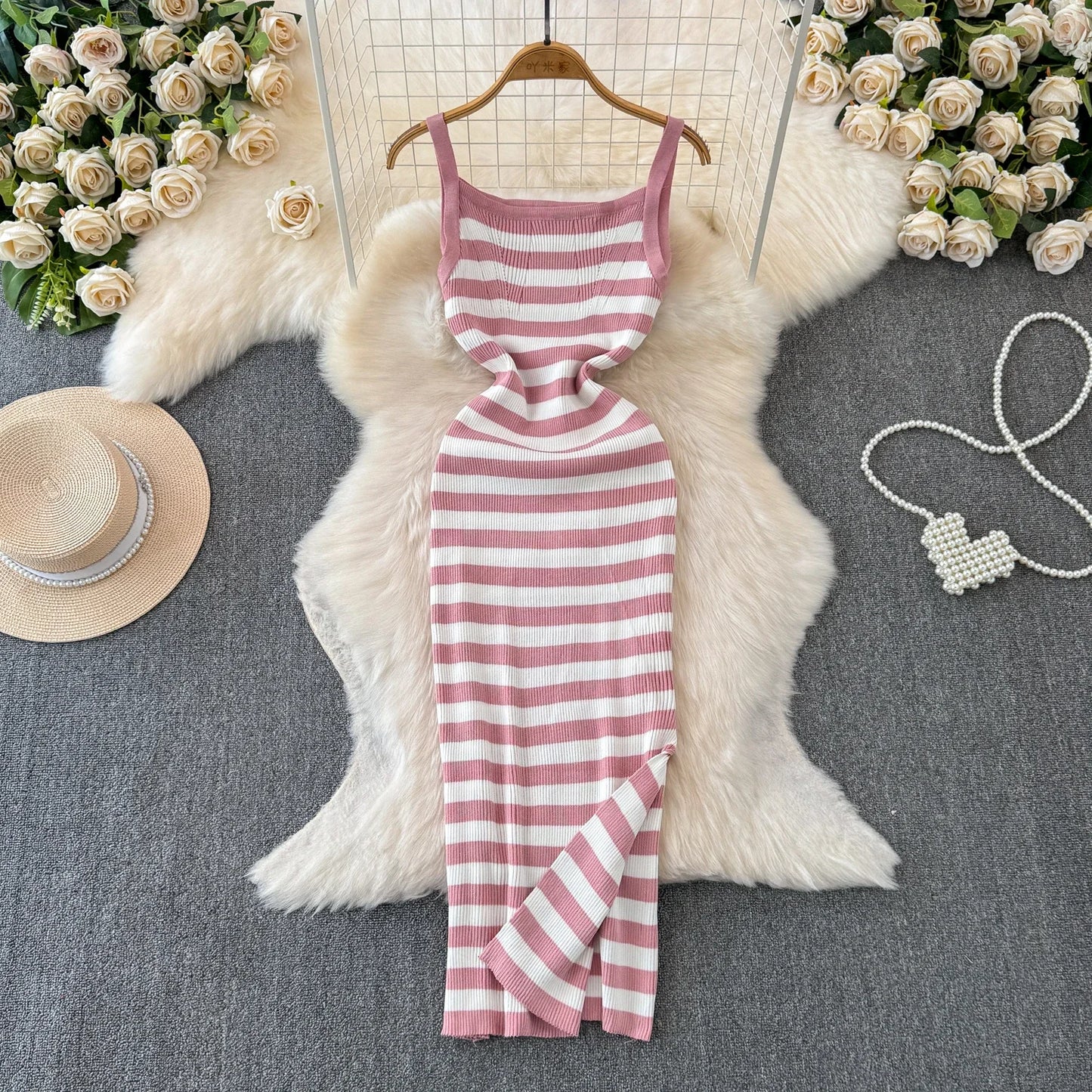 Strip Ins Fashion Sexy Package Hips Bodycon Dress Lady Embroidery Stripes Knitted Spaghetti Straps Outfits Long  Women Dress
