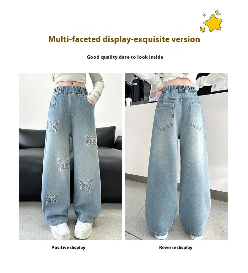 Girls versatile butterfly ripped  jeans wide-leg pants 2025 new product fashionable versatile medium and large children slimming