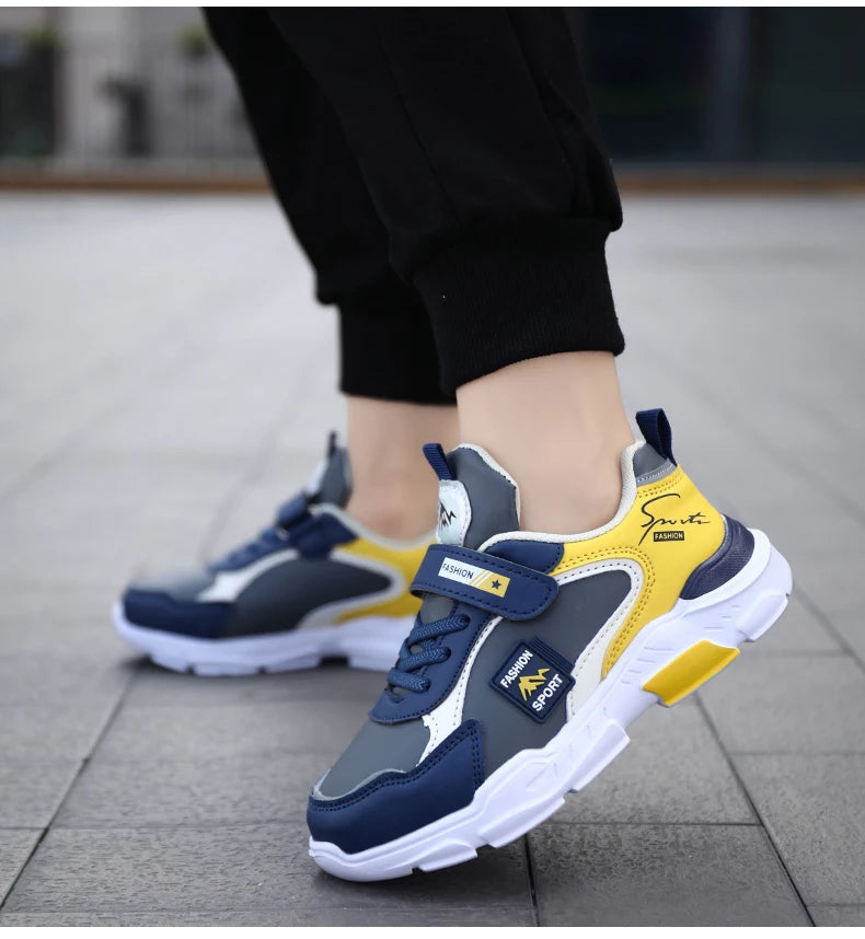 Kids Fashion Sport Casual Sneakers for Boys Leather Upper Children's Outdoor Lightweight Shock-Absorbing Running Shoes