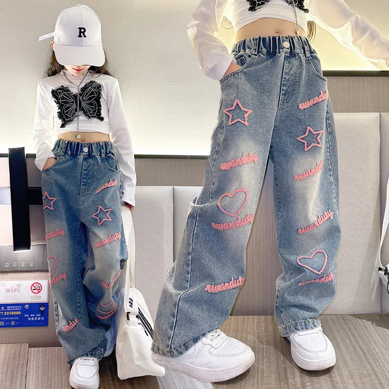 New 2024 Spring Teenagen Girls Jeans Stars Love Towel Embroidered wide Leg Long pants Baggy Denim Trousers for 4-13yrs Kids Girl