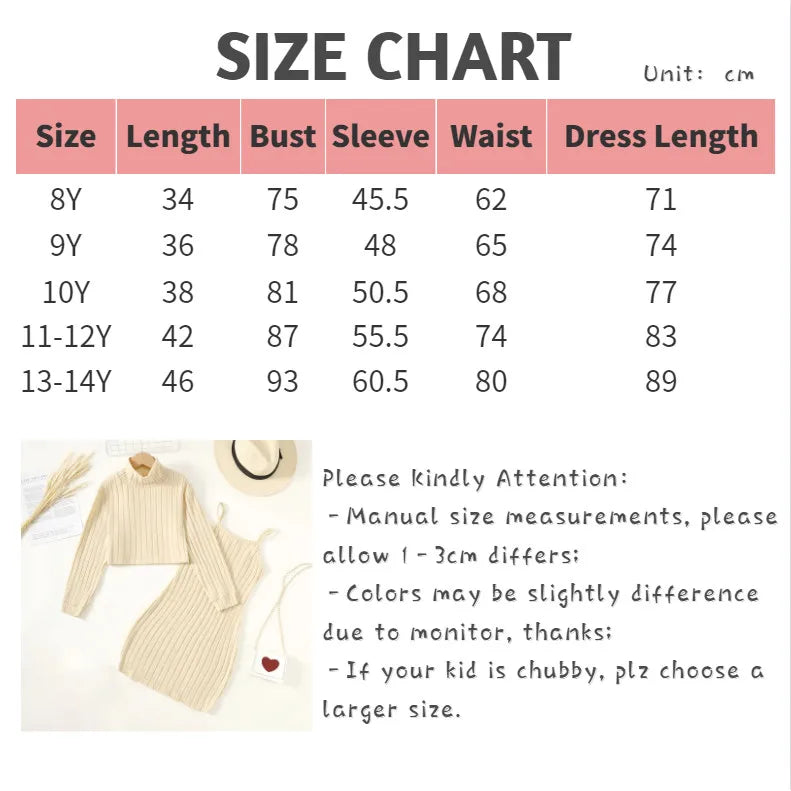 8-14 Years Children Girl 2PCS Clothes Set Solid Long Sleeve Knited Top with Sling Hip Wrap Dress Kid Autumn Elegant Party Outfit