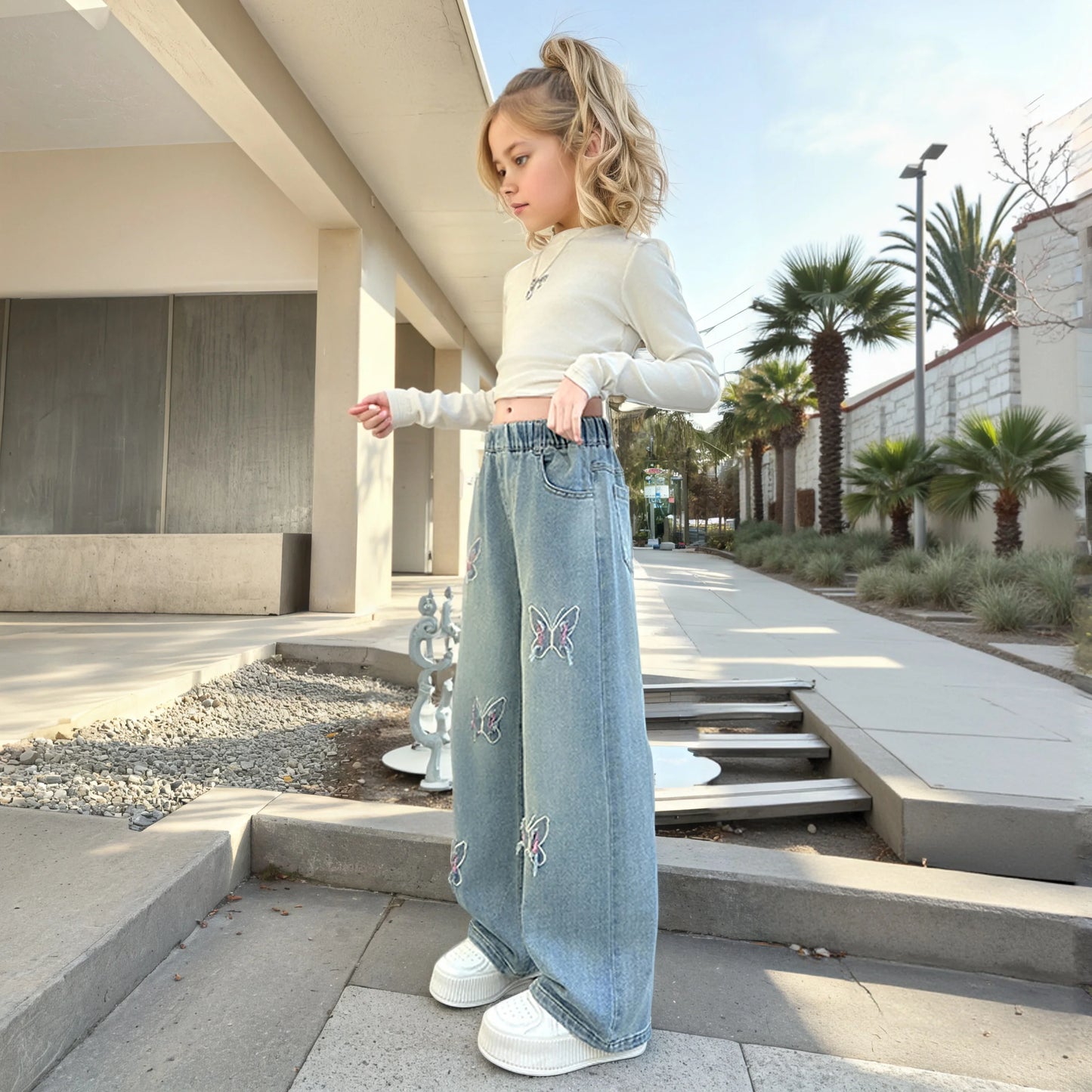 Girls versatile butterfly ripped  jeans wide-leg pants 2025 new product fashionable versatile medium and large children slimming
