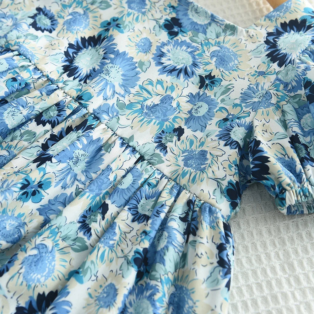 Kid's Dress For 2-6 Years Girls Blue Floral Short Sleeve Princess Dress Summer Fashion Kids Casual Dresses