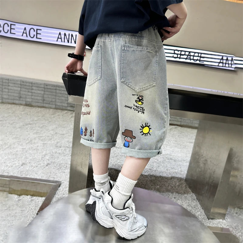 Boy Ripped Jeans 2025 New Product Mid-Pants Summer Fashion Casual Boys Denim Mid-Pants  Printed Cropped Pants 5-15 years old