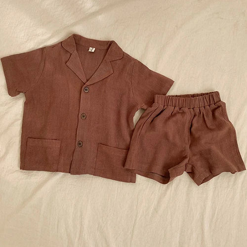 Korean Style 1-6Yrs Baby Boys Girl Clothes Set Cotton Linen Short Sleeved Cardigan+Shorts Kids Clothing Suit For Summer
