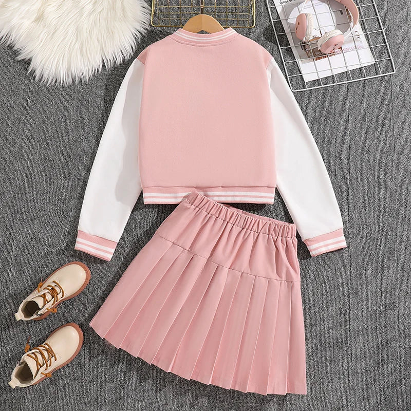 Girls Sets Letters Applique Baseball Outwear & Pleated Skirt Spring Outfit Tween Girls Casual Sporty Sets Trendy Kids Suits