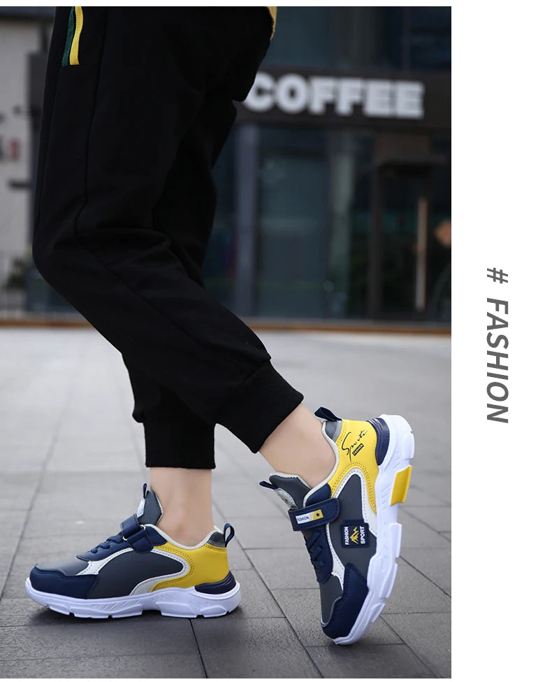 Kids Fashion Sport Casual Sneakers for Boys Leather Upper Children's Outdoor Lightweight Shock-Absorbing Running Shoes