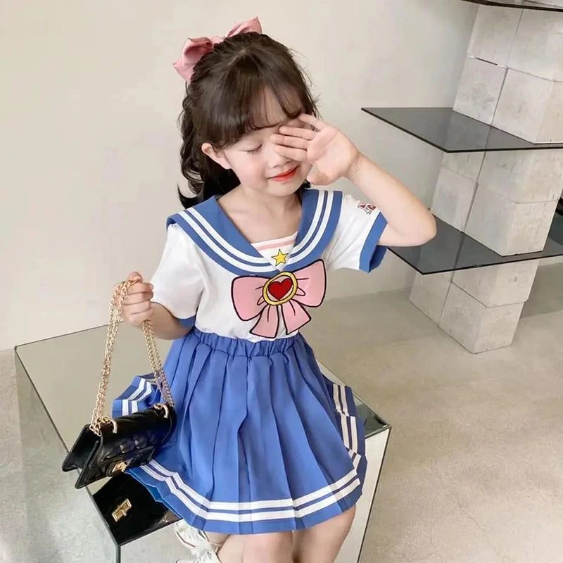 Kids Girls Clothes Sets Cartoon Bow T-Shirts Tops Pleated Skirts Suits Sailor Moon Cosplay Party Custume Children Clothes Sets