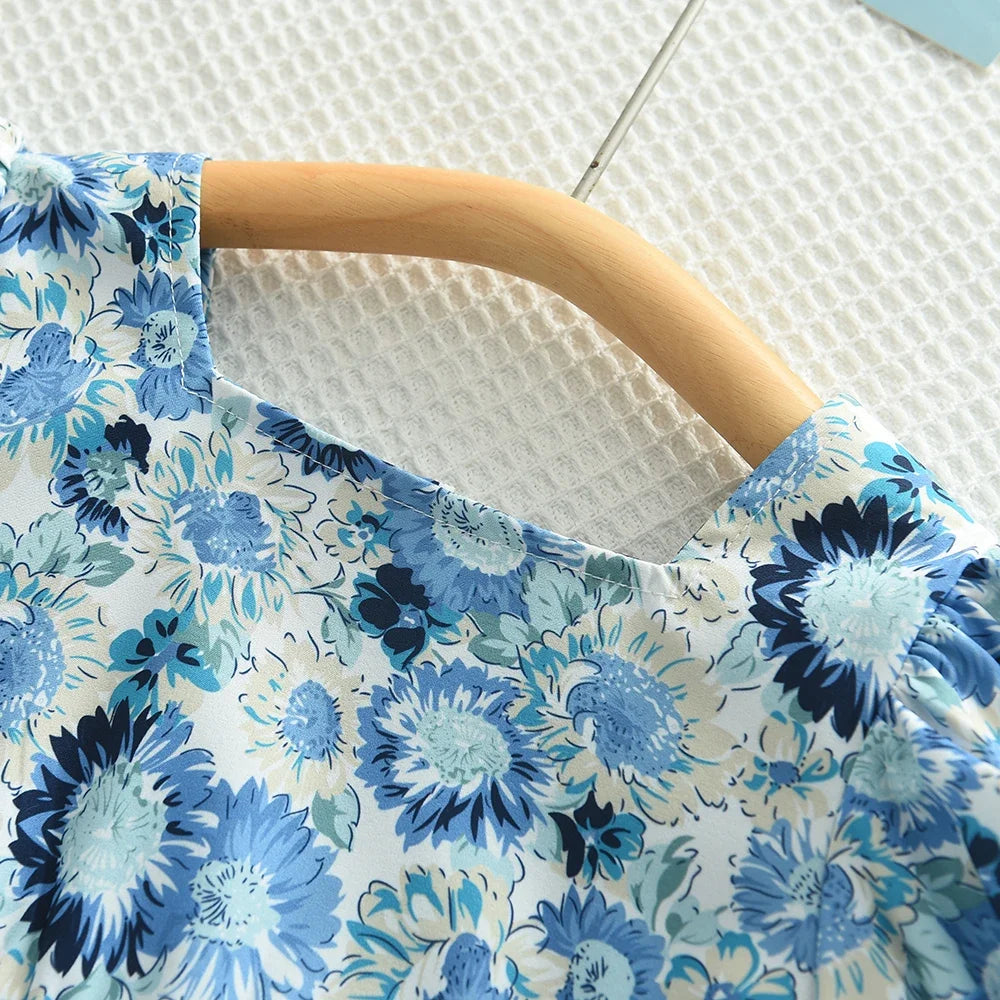 Kid's Dress For 2-6 Years Girls Blue Floral Short Sleeve Princess Dress Summer Fashion Kids Casual Dresses