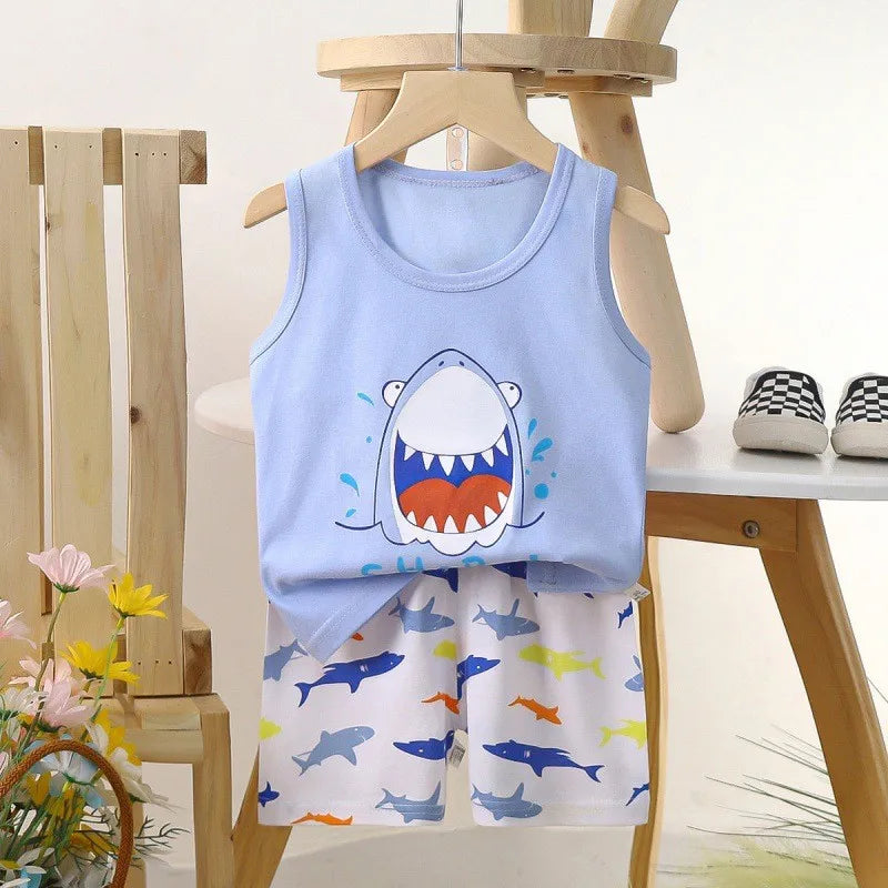 Kids Boys Girls Vest+Shorts 2-Piece Clothing Set Summer Tracksuit Baby Soft Cotton Cartoon Pajamas Home Wear Casual Clothes Suit