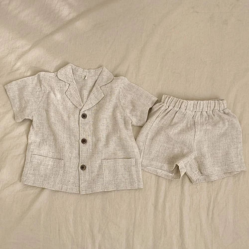Korean Style 1-6Yrs Baby Boys Girl Clothes Set Cotton Linen Short Sleeved Cardigan+Shorts Kids Clothing Suit For Summer