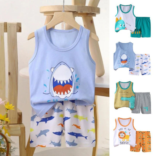 Kids Boys Girls Vest+Shorts 2-Piece Clothing Set Summer Tracksuit Baby Soft Cotton Cartoon Pajamas Home Wear Casual Clothes Suit