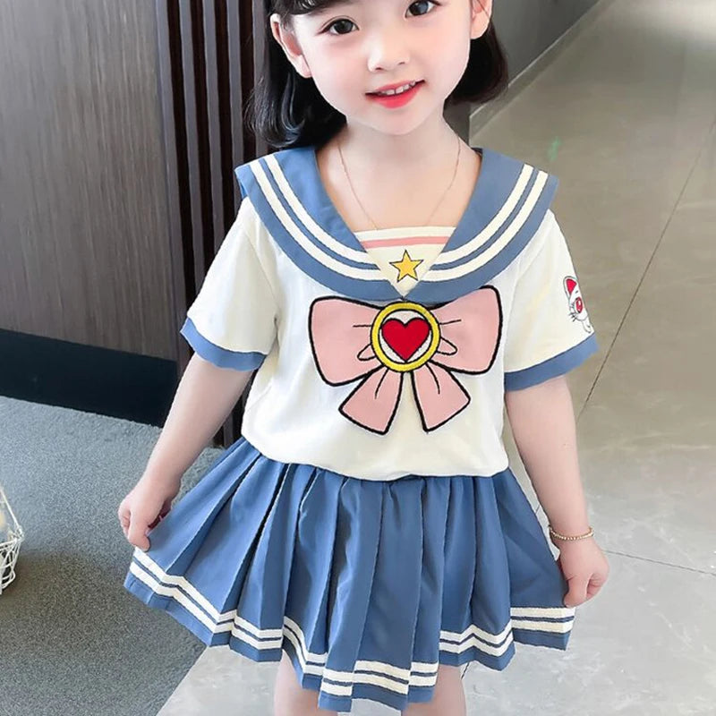 Kids Girls Clothes Sets Cartoon Bow T-Shirts Tops Pleated Skirts Suits Sailor Moon Cosplay Party Custume Children Clothes Sets