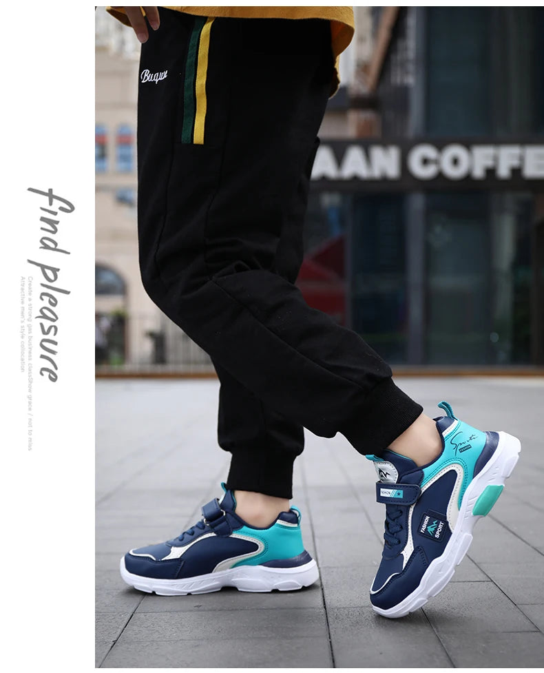 Kids Fashion Sport Casual Sneakers for Boys Leather Upper Children's Outdoor Lightweight Shock-Absorbing Running Shoes