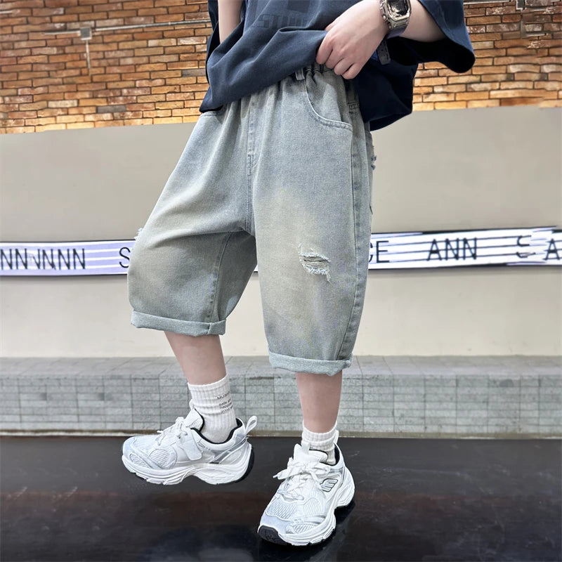 Boy Ripped Jeans 2025 New Product Mid-Pants Summer Fashion Casual Boys Denim Mid-Pants  Printed Cropped Pants 5-15 years old