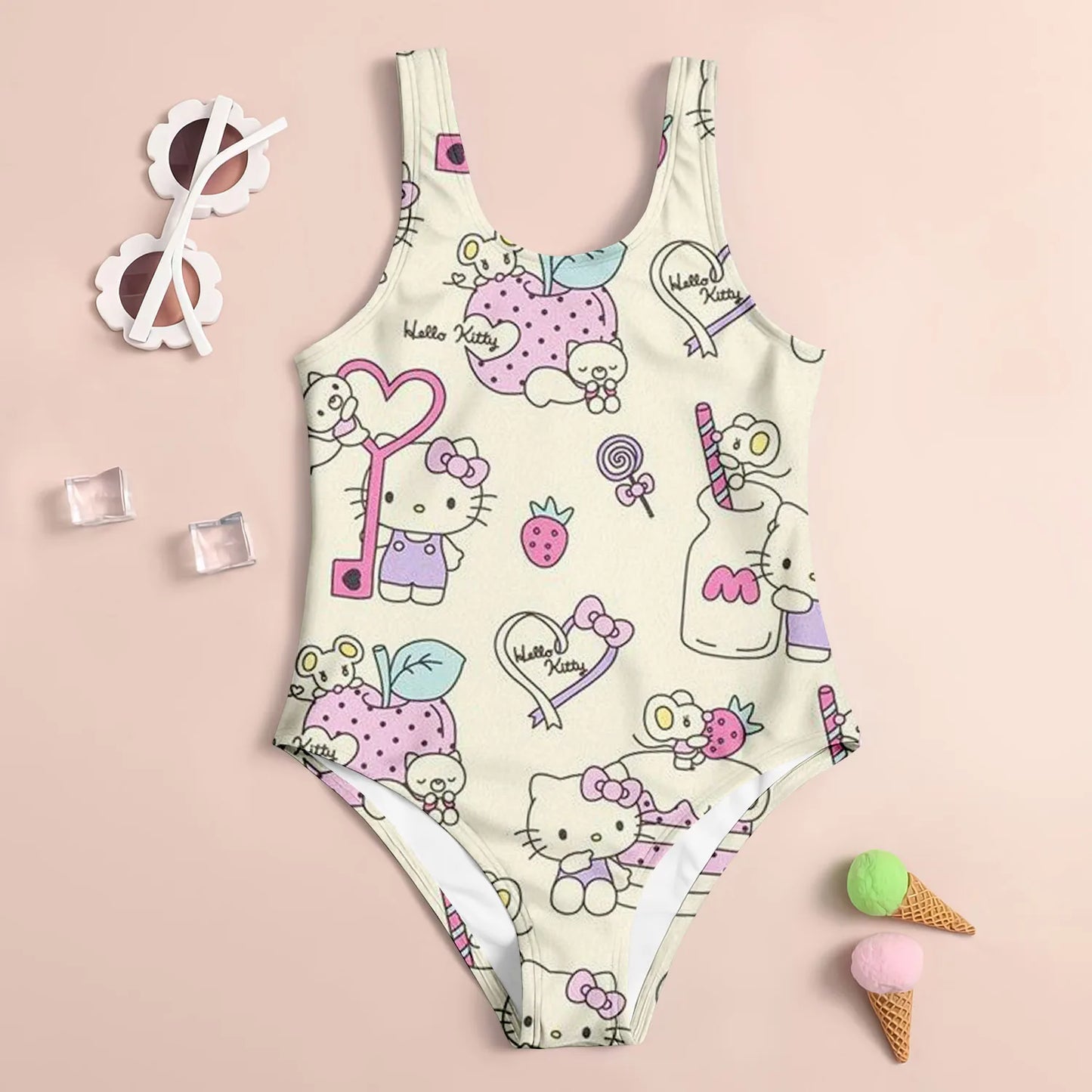 Kids  set swimsuit 3D hello kitty printed pattern printed girl's swimsuit - suitable for summer beach vacation swimming