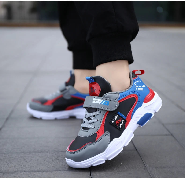 Kids Fashion Sport Casual Sneakers for Boys Leather Upper Children's Outdoor Lightweight Shock-Absorbing Running Shoes