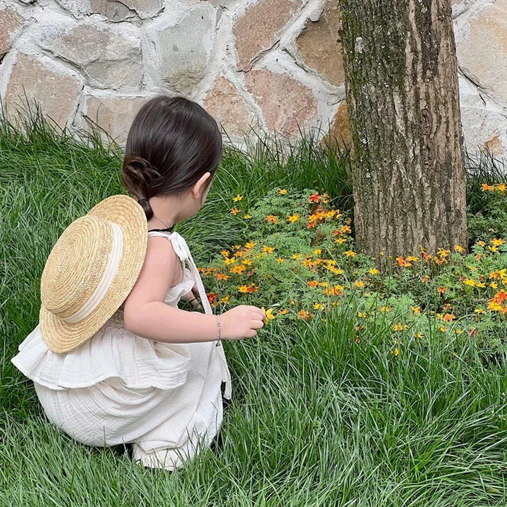 Korean Children Kids Clothing Set Girls Summer Organic Cotton  Camisole Top Lace Wide Leg Pants Trousers Outfits