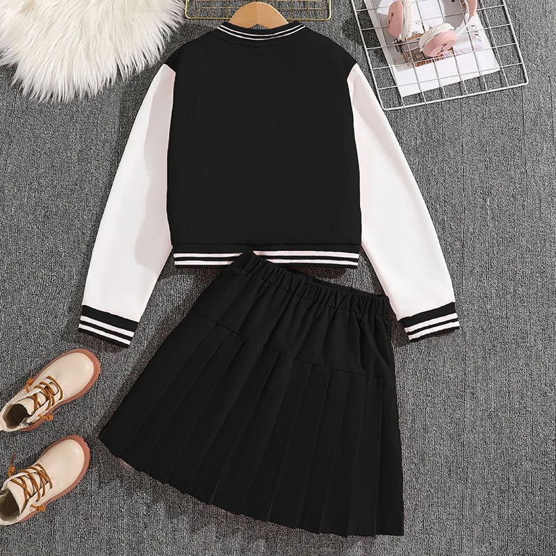 Girls Sets Letters Applique Baseball Outwear & Pleated Skirt Spring Outfit Tween Girls Casual Sporty Sets Trendy Kids Suits