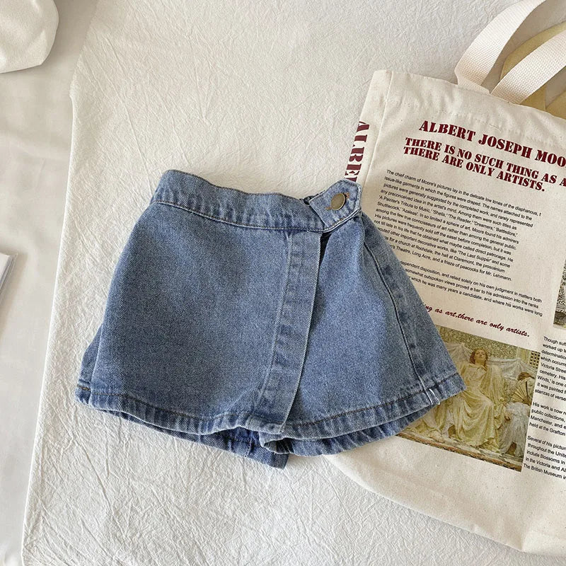 Korean Fashion New Summer Kids Girl Skirt Shorts Solid Elastic Waist Button Soft Denim Culotte Children Versatile Clothing