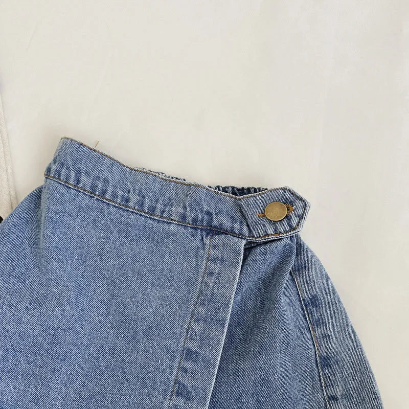 Korean Fashion New Summer Kids Girl Skirt Shorts Solid Elastic Waist Button Soft Denim Culotte Children Versatile Clothing